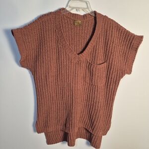 POL M Rust Chunky Knit Sweater Western Boho Farmhouse V Neck Cap Pocket Boutique